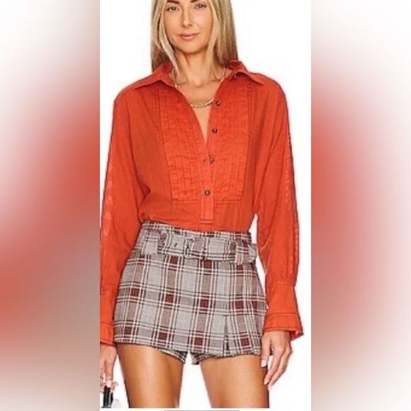 WE THE FREE~FREE PEOPLE BLACK TIE TUX SHIRT TIGER RED SIZE XS~NWT - Picture 8 of 9